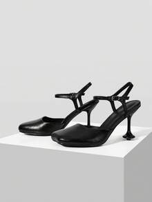 Mnmlis Ladies' Fashionable And Elegant Stiletto, Square Toe Hollow, Back Empty, Back Strap, Summer And Autumn Sandals - Black - View 5