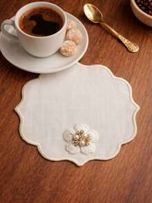 Cirelle 2pcs White Scalloped Coasters With Pearl Flower Decor, Elegant Fabric Cup Mats For Drinks, Vintage Coasters Set For Coffee Table Dining Room Kitchen Home Decor - Multicolor - View 4