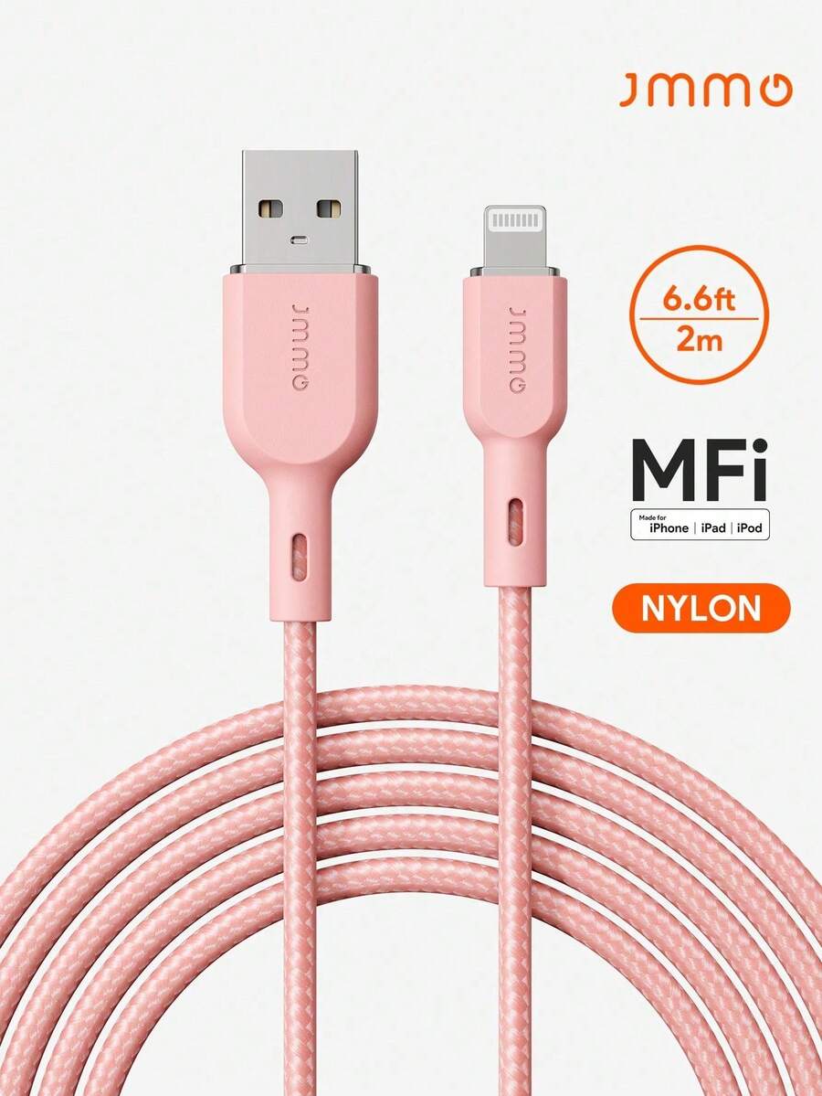 JMMO 1條尼龍 USB-A 轉 Lightning 傳輸線，尼龍編織線，相容 iPhone，480Mbps 數據傳輸，6.6FT/2M [Apple MFi 認證] - 粉色 - 查看 1