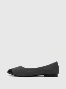 CUCCOO BIZCHIC Satin Glossy Patent Leather Square Toe Black Flat Ballet Shoes Simple Shallow Commuter Versatile Shoes - Gray fleece splicing - View 3