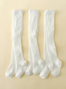 SHEIN 3-Pack Pinstriped Basic Solid-Color Tights For Girls And Children, Suitable For Girls' Daily Wear In All Seasons - White - View 1