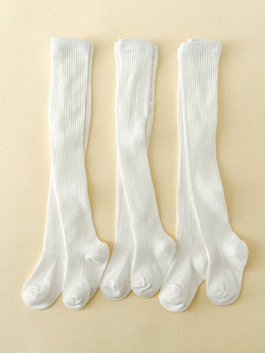 SHEIN 3-Pack Pinstriped Basic Solid-Color Tights For Girls And Children, Suitable For Girls' Daily Wear In All Seasons - White - View 1