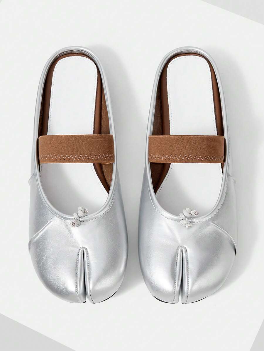 Mnmlis Women's Contrast Brown Elastic Strap Split Toe Tabi Flat Elegant Silver Slip On Mule Flats Fall Shoes - Silver - View 1