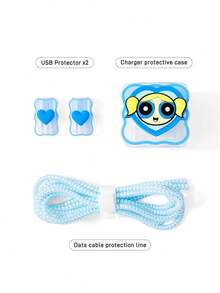 THE POWERPUFF GIRLS X SHEIN 數據線保護套，適用於 iPhone 充電器，4 件組手機線材保護套，充電器保護套（不含數據線） - 藍色 - 查看 5