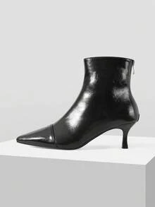 Mnmlis Pointed Thin Heel Short Boots Women's Autumn And Winter New Pleated Soft Leather Thin Boots Rear Zipper Temperament Cat And Short Boots - Black - View 3