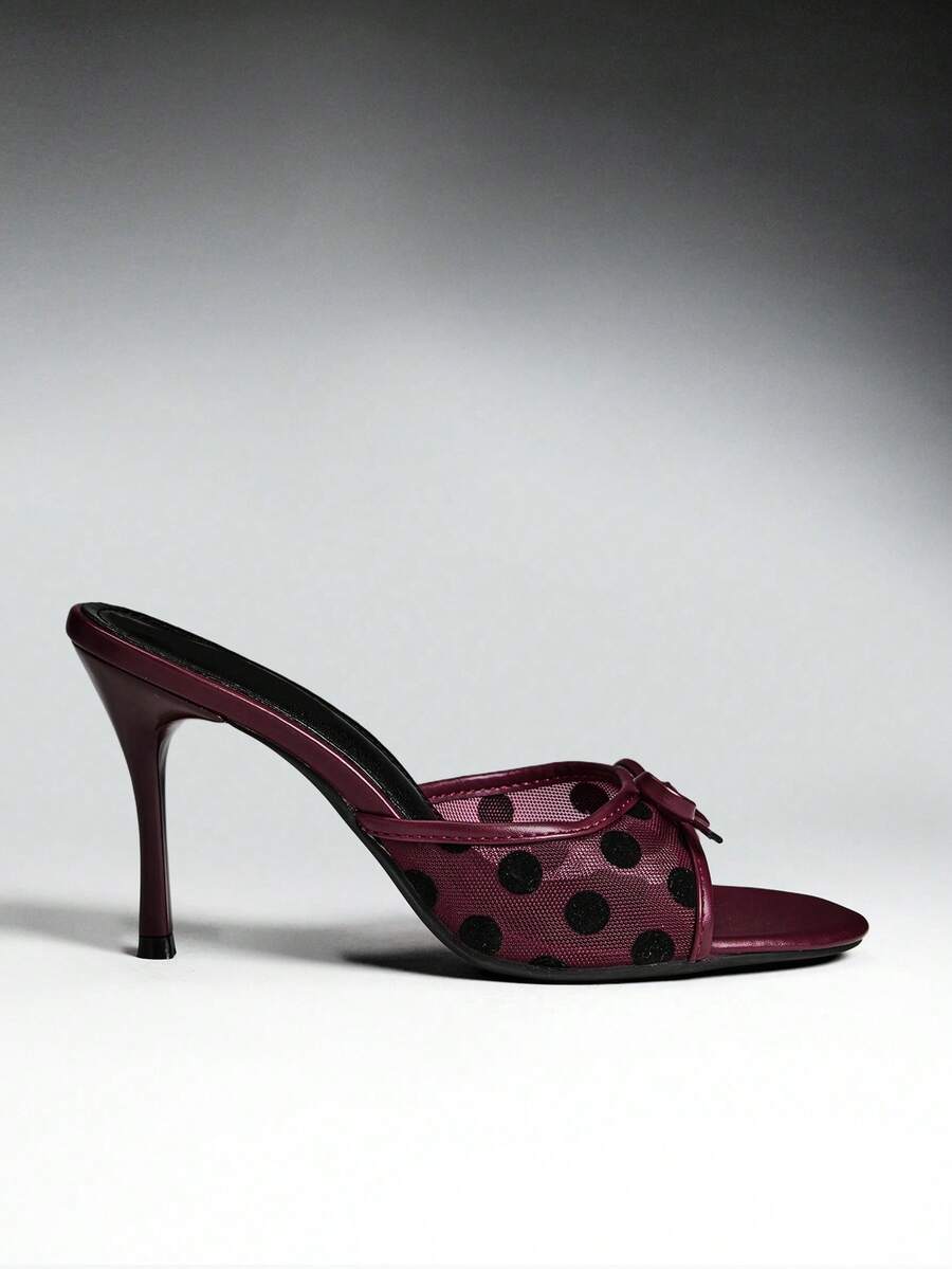 SHEIN SHUZIA Sepatu hak tinggi model mule jala motif polkadot dan pita yang chic untuk wanita. - Burgundy - View 1