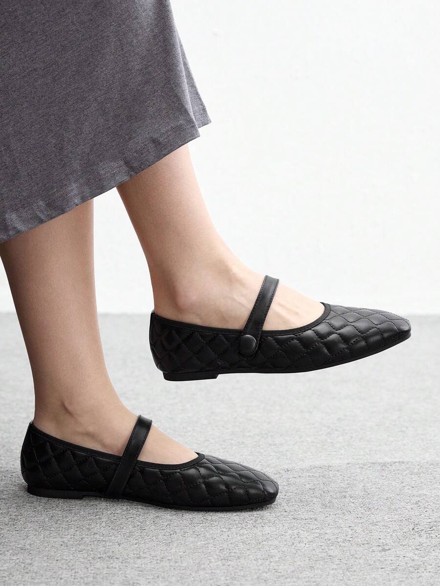 CUCCOO BIZCHIC 女款方頭刺繡縫線黑色瑪麗珍平底鞋 極簡優雅舒適 老錢風 - 黑色 - 查看 1