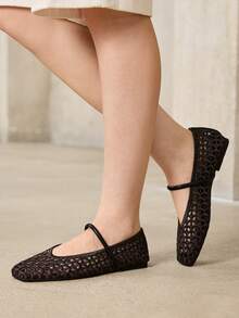 MOTF WOMEN'S FRENCH NEW HOLLOW WOVEN BALLET SHOES ELEGANT FASHION COFFEE VERSATILE CASUAL COMFORTABLE MARY JANE SHOES FALL SHOES - Coffee - View 8