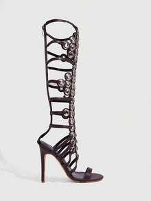 CUCCOO SZL New Fashionable European & American Style Sexy Rivet Hollow-Out Pointed Toe Super High Heel Boots Spring/Summer Shoes - Coffee Brown - View 2