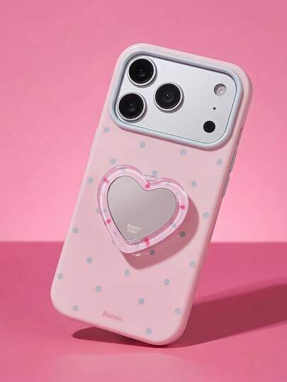 ShellaStory Hartvormige spiegelstandaard compatibel met Apple 17PM telefoonhoesje voor telefoon 16, geschikt voor 15 high-end uiterlijk, 14 zacht, 17 frisse polkadot mode, persoonlijkheid, meisje, creativiteit, eenvoudige stijl, klein en fris, niche, Ins-stijl