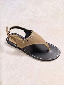 Nöista Flat Toe Sandals With Eyelet Details, Contrast Stitching And Adjustable Straps For A Casual Look - Khaki - View 4