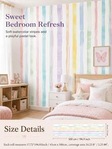1 Roll Watercolor Stripe Peel & Stick Wallpaper, Removable PVC Wall Decor For Kids Bedroom, Nursery & Playroom, 3 Patterns, 3 Sizes - Multicolor - View 22
