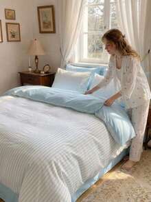 Cirelle Set 3 buah Sarung Selimut Bergaris Biru Muda, Set Perlengkapan Tidur Bolak-balik Poliester Lembut dengan 2 Sarung Bantal, Sarung Selimut Lembut, Bernapas, dan Tahan Kerut - Garis-garis biru langit - View 3