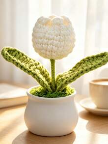 1Pc Hand‑Crocheted Single‑Head Tulip Potted Plant, Knitted Artificial Flower Bonsai, Desktop Tabletop Ornament, Handmade Home Decor Gift - A - View 11