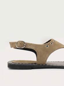 Nöista Flat Toe Sandals With Eyelet Details, Contrast Stitching And Adjustable Straps For A Casual Look - Khaki - View 10