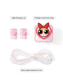 THE POWERPUFF GIRLS X SHEIN 數據線保護套，適用於 iPhone 充電器，4 件組手機線材保護套，充電器保護套（不含數據線） - 粉色 - 查看 5