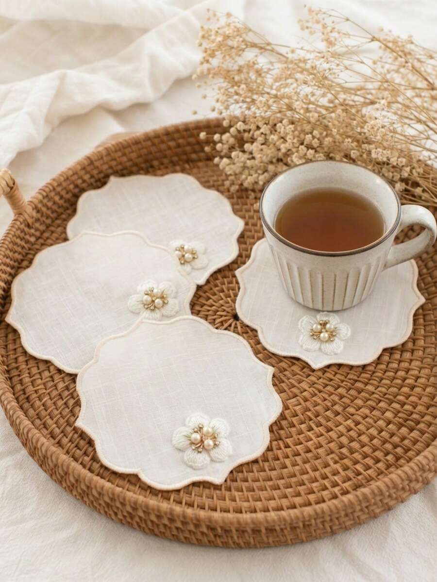 Cirelle 2pcs White Scalloped Coasters With Pearl Flower Decor, Elegant Fabric Cup Mats For Drinks, Vintage Coasters Set For Coffee Table Dining Room Kitchen Home Decor - Multicolor - View 1