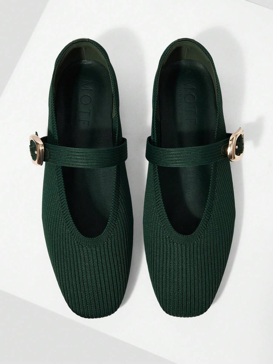 MOTF PREMIUM WOMEN SQUARE TOE BUCKLE STRAP FLATS FOR CHRISTMAS - Dark Green - View 2