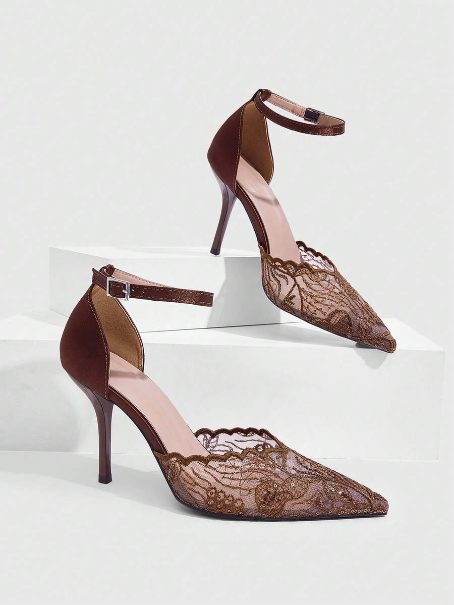 CUCCOO SZL Women's Shoes Fashion Classic Simple Buckle Commuter Office Wear Stiletto Heel High Heel Shoes Fall Shoes - Brown net - View 1