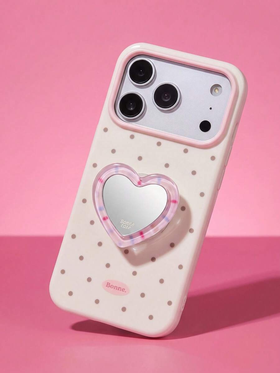 ShellaStory Heart-Shaped Mirror Stand Compatible With Apple 17PM Phone Case For Phone 16, Suitable For 15 High-End Appearance, 14 Soft, 17 Fresh Polka Dot Fashion, Personality, Girl, Creativity, Simple Style, Small Fresh, Niche, Ins Style - White - View 1