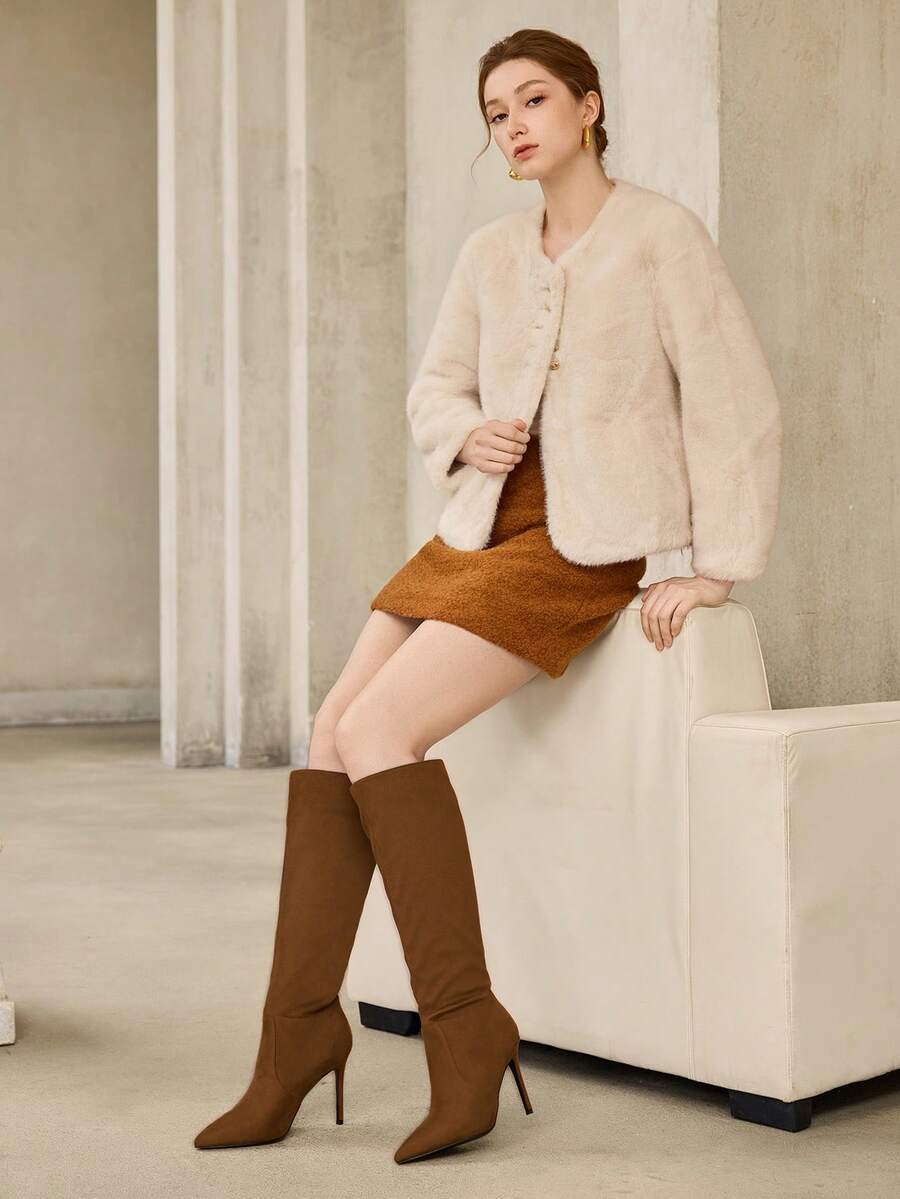 MOTF WOMEN'S FASHION LEATHER KNEE-HIGH HEELED BOOTS, SEXY & LUXURIOUS, AUTUMN/WINTER FOR CHRISTMAS SPRING SHOES - Light brown - View 2