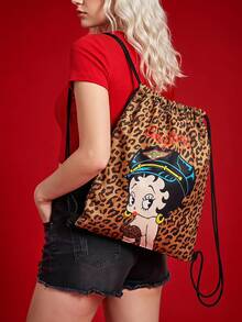 Betty Boop X Joivida Leopard Print Cartoon Character Double-Sided Pattern Drawstring Backpack Lightweight Sports Sack Bag For Gym Yoga Travel Daily Use - leopard print - View 1