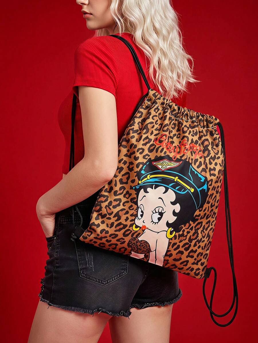 Betty Boop X Joivida Leopard Print Cartoon Character Double-Sided Pattern Drawstring Backpack Lightweight Sports Sack Bag For Gym Yoga Travel Daily Use - leopard print - View 1