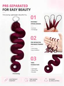 Boho Braids 酒紅色波浪捲無毛氈假髮 羽毛鉤編真人髮接髮 Miracle Knots 柔軟顯眼波浪 輕盈自然感 易安裝 可重複使用 16-24 英吋 - S99J - 查看 6