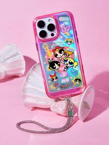 THE POWERPUFF GIRLS X SHEIN Cartoon Pattern Pink Transparent Mobile Phone Case With Lanyard, Anti-Drop Protection IPhone13-17 Series Mobile Phone Case - Multicolor - View 2