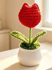 1Pc Hand‑Crocheted Single‑Head Tulip Potted Plant, Knitted Artificial Flower Bonsai, Desktop Tabletop Ornament, Handmade Home Decor Gift - A - View 6