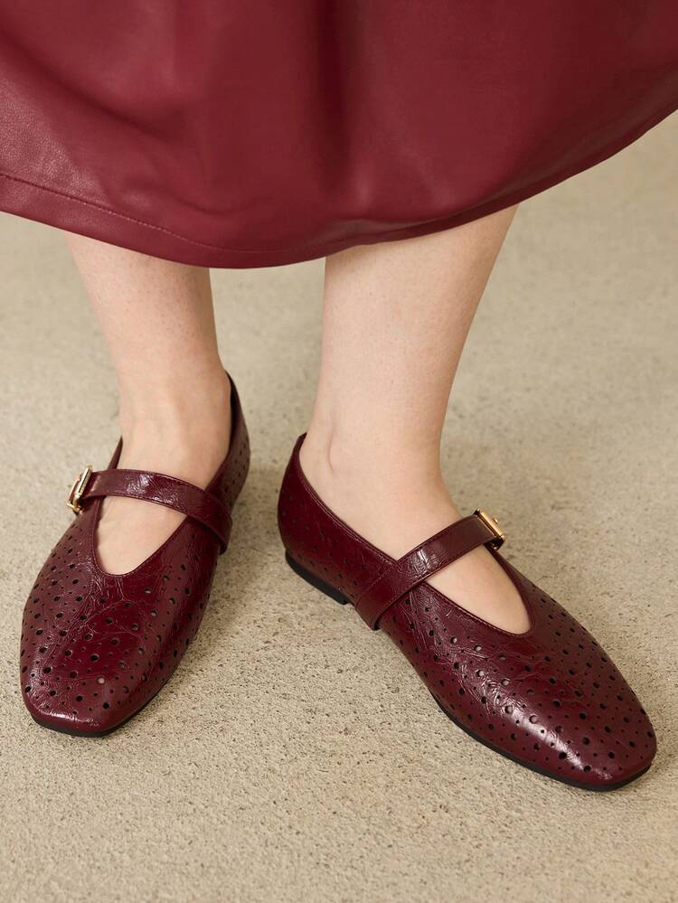 MOTF PREMIUM WOMEN HOLLOW-OUT SQUARE TOE FLAT LOAFERS, FOR NEW YEAR HOLIDAY, SPRING SHOES SPRING BREAK EASTER FOR CHRISTMAS SPRING SHOES - Burgundy oilskin - View 6