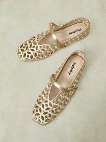 Styleloop Giày Mary Jane nữ đế bệt mũi vuông, chạm rỗng nhiều màu, phong cách retro đi làm, mẫu xuân hè phù hợp dùng hàng ngày - Vàng A - Xem 3