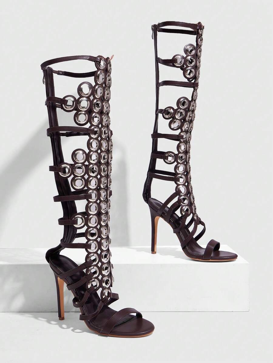 CUCCOO SZL New Fashionable European & American Style Sexy Rivet Hollow-Out Pointed Toe Super High Heel Boots Spring/Summer Shoes - Coffee Brown - View 1