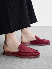 CUCCOO BIZCHIC 時尚酒紅色麂皮舒適通勤女款平底穆勒鞋/平底拖鞋，適合戶外購物 - 棗紅色 - 查看 8
