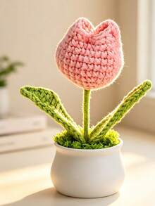 1Pc Hand‑Crocheted Single‑Head Tulip Potted Plant, Knitted Artificial Flower Bonsai, Desktop Tabletop Ornament, Handmade Home Decor Gift - A - View 12