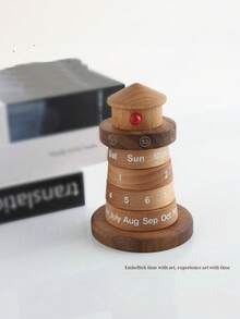 1Pc Creative Lighthouse Solid Wood Perpetual Calendar Desktop Ornament Wooden Craft Office Desk Decor For Home Study Christmas Gift Must Have - multicolor - View 6
