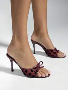 SHEIN SHUZIA 女款時尚波點蝴蝶結網紗細高跟穆勒鞋 - 酒紅色 - 查看 2