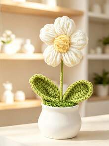 1Pc Hand‑Crocheted Big Puff Flower Potted Plant, Knitted Artificial Flower Bonsai, Desktop Tabletop Ornament, Handmade Home Decor Gift - A - View 2