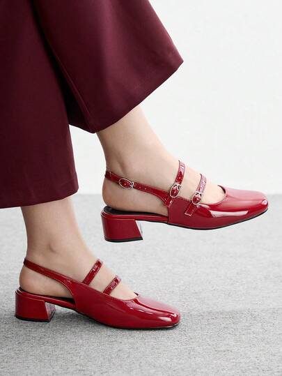 CUCCOO BIZCHIC Women's Burgundy Patent Leather Mary Jane Back Empty Flats, Double-Breasted Square Toe And Slip-On Shoes, Daily Party Versatile