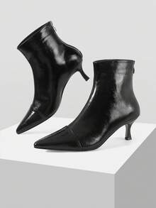 Mnmlis Pointed Thin Heel Short Boots Women's Autumn And Winter New Pleated Soft Leather Thin Boots Rear Zipper Temperament Cat And Short Boots - Black - View 1