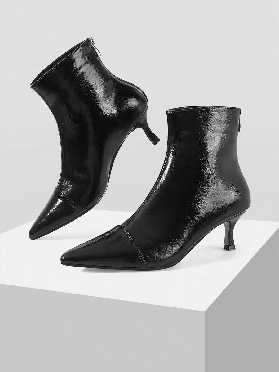 Mnmlis Pointed Thin Heel Short Boots Women's Autumn And Winter New Pleated Soft Leather Thin Boots Rear Zipper Temperament Cat And Short Boots - Black - View 1