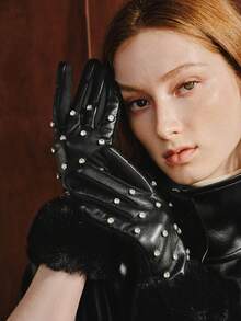 Opalesca Rhinestone Decor Fuzzy Cuff PU Leather Gloves, Winter Warm Thermal Gloves For Women Outdoor Commuting Daily Wear - Multicolor - View 5