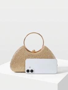 MOTF WOMEN'S FASHION GOLD HOT DIAMOND DINNER BAG, METAL RING PORTABLE BOX BAG, FOR PARTIES, DINNERS, CHRISTMAS, NEW YEAR, WEDDINGS, GIFTS - Gold - View 4