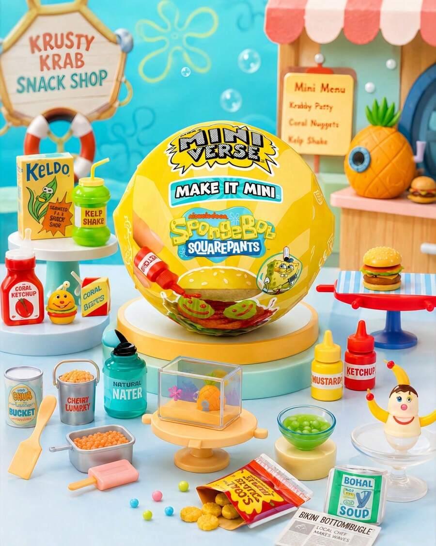 MGA Entertainment 1 قطعة كبسولة غامضة من MGA's Miniverse Make It Mini SponBob SquarePats بأسلوب عشوائي، مشهد برجر Krabby Patty مصغر DIY بأسلوب عشوائي، مجموعة حرفية مصغرة، ديكور قابل للجمع للعرض على المكتب والرف - متعدد الألوان - مشاهدة 1