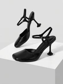 Mnmlis Ladies' Fashionable And Elegant Stiletto, Square Toe Hollow, Back Empty, Back Strap, Summer And Autumn Sandals - Black - View 1