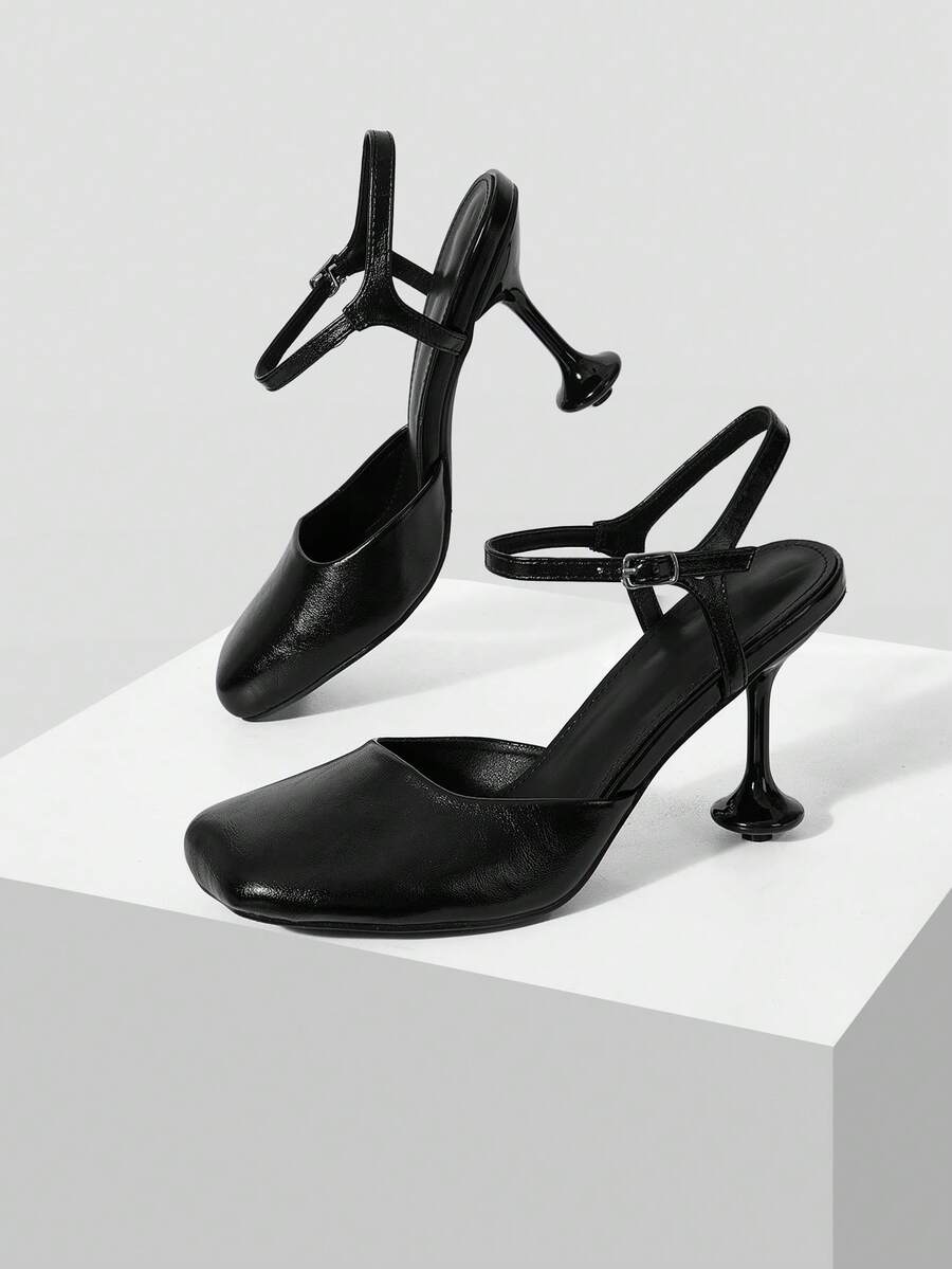 Mnmlis Ladies' Fashionable And Elegant Stiletto, Square Toe Hollow, Back Empty, Back Strap, Summer And Autumn Sandals - Black - View 1
