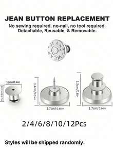 2/4/6/8/10/12pcs Jeans Replacement Buttons, Detachable Tower Buttons For Waist Size Adjustment, No Sew Silver Metal Button For Jeans Skirt Pants, Easy DIY Install Tool-Free, Sturdy Denim Button Fixing Kit - Style 24 - View 3
