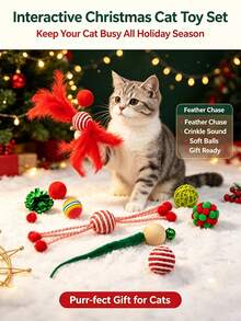 PETSIN Christmas Cat Toys Set, Interactive Kitten Toy Assortment, Indoor Cats Entertainment, Soft Crinkle Balls Mice Bite Resistant Cat Toy Pack, Holiday Xmas Gift For Small Medium Cats - Multicolor - View 11