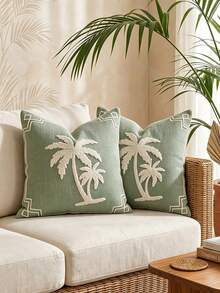 Cirelle 1pc/2pcs Sage Green Palm Tree Decorative Pillow Cover, Tufted White Palm Embroidered Cushion Case With Border Trim, Soft Pillow Case For Couch Bed Home Decor (No Insert) - Green - View 6