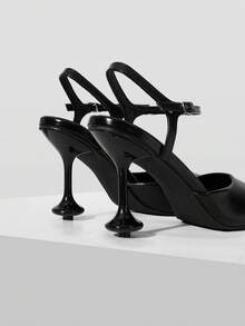 Mnmlis Ladies' Fashionable And Elegant Stiletto, Square Toe Hollow, Back Empty, Back Strap, Summer And Autumn Sandals - Black - View 4